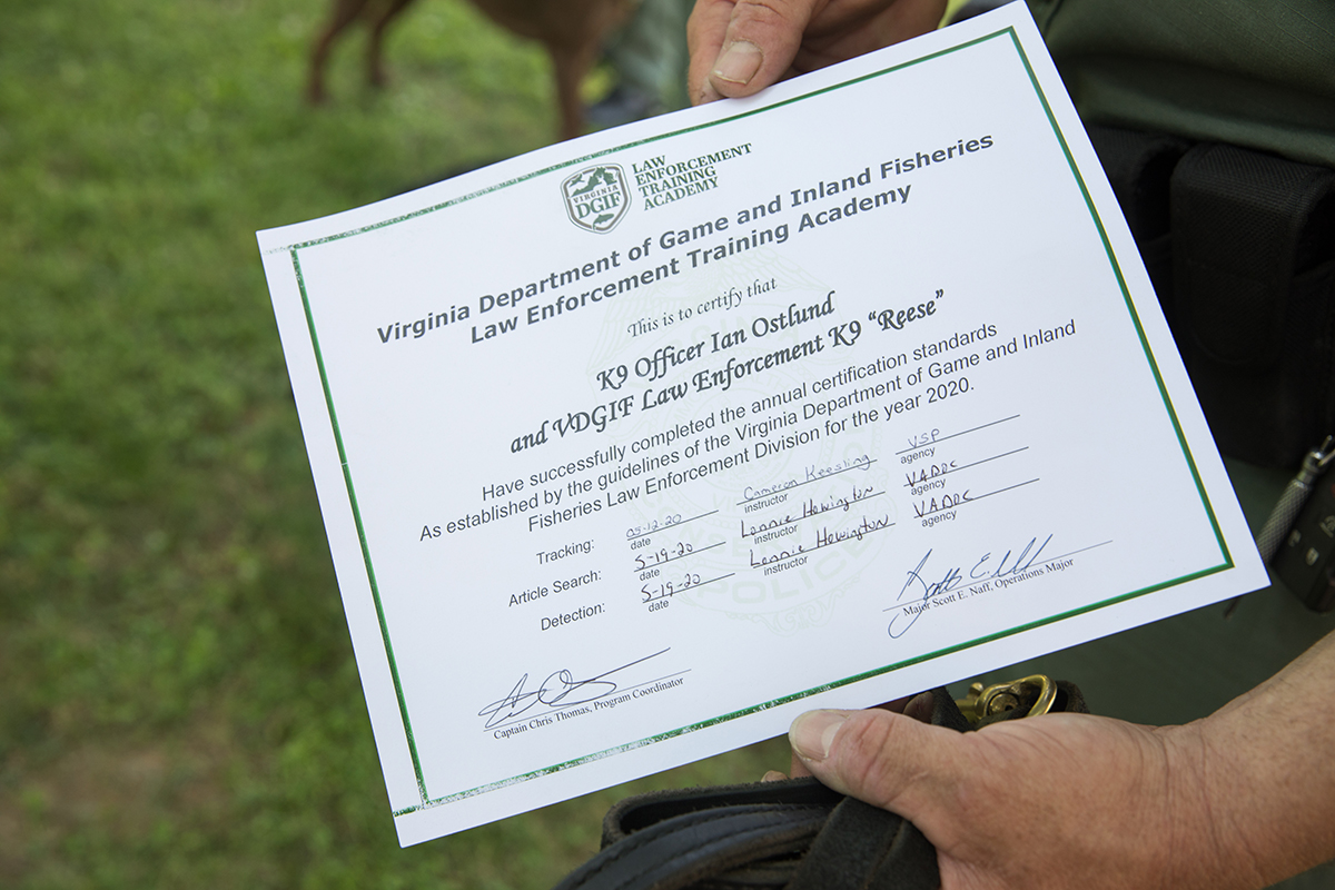 Reese the K 9官员的获奖证书