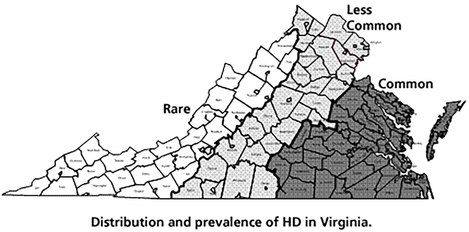 Virginia地图，描绘了Virginia州亨廷顿舞蹈症的分布和流行情况