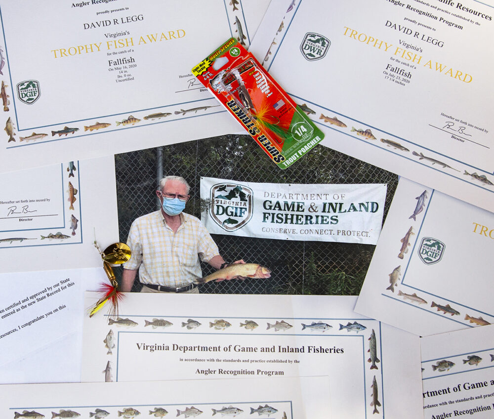 捕获破纪录秋鱼的钓鱼者的照片,周围环绕着他多年来赢得的众多奖项