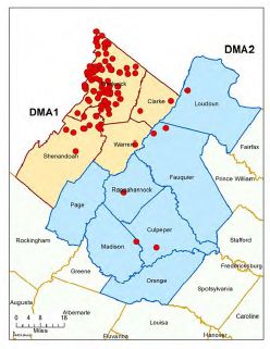 这张地图显示了在鹿身上发现 CWD 的地区，主要分布在 DMA 1 DMA 2也有一些孤立病例