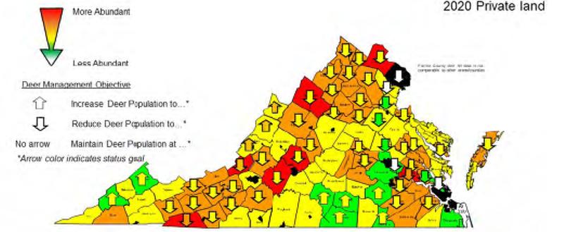 这是2020鹿群数量的地图，每个县的箭头指示鹿群数量是增加了、减少了还是保持稳定。