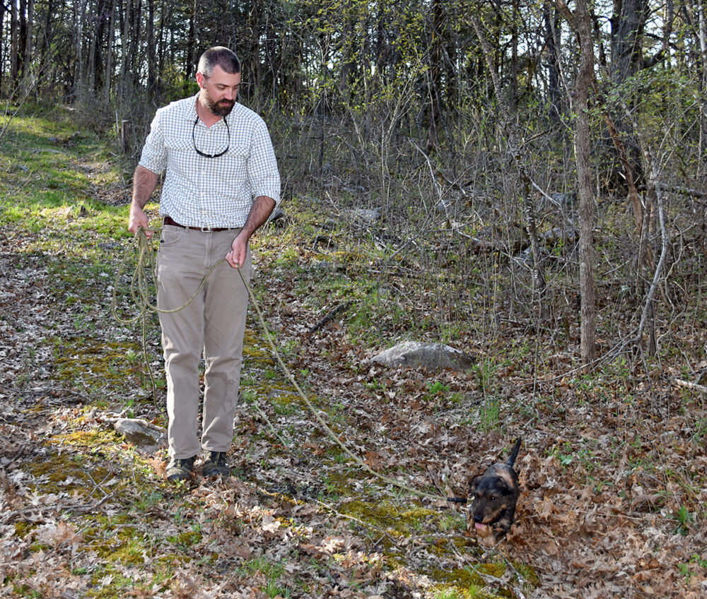 布莱尔·史密斯 (Blair Smyth) 和梗犬恩佐 (Enzo) 的追踪。 