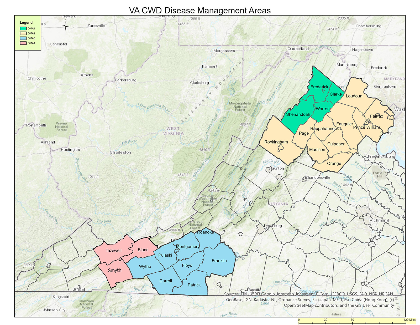弗吉尼亚州地图，其中某些西部州以不同的颜色标出。