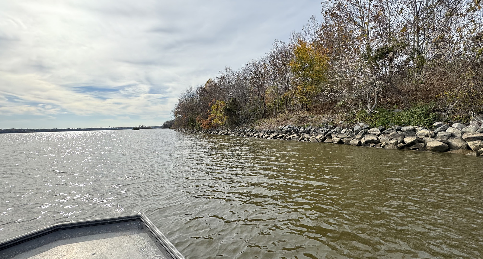 这是从一艘小船上拍摄的河岸照片，河岸两旁排列着巨大的岩石巨石，即所谓的抛石。