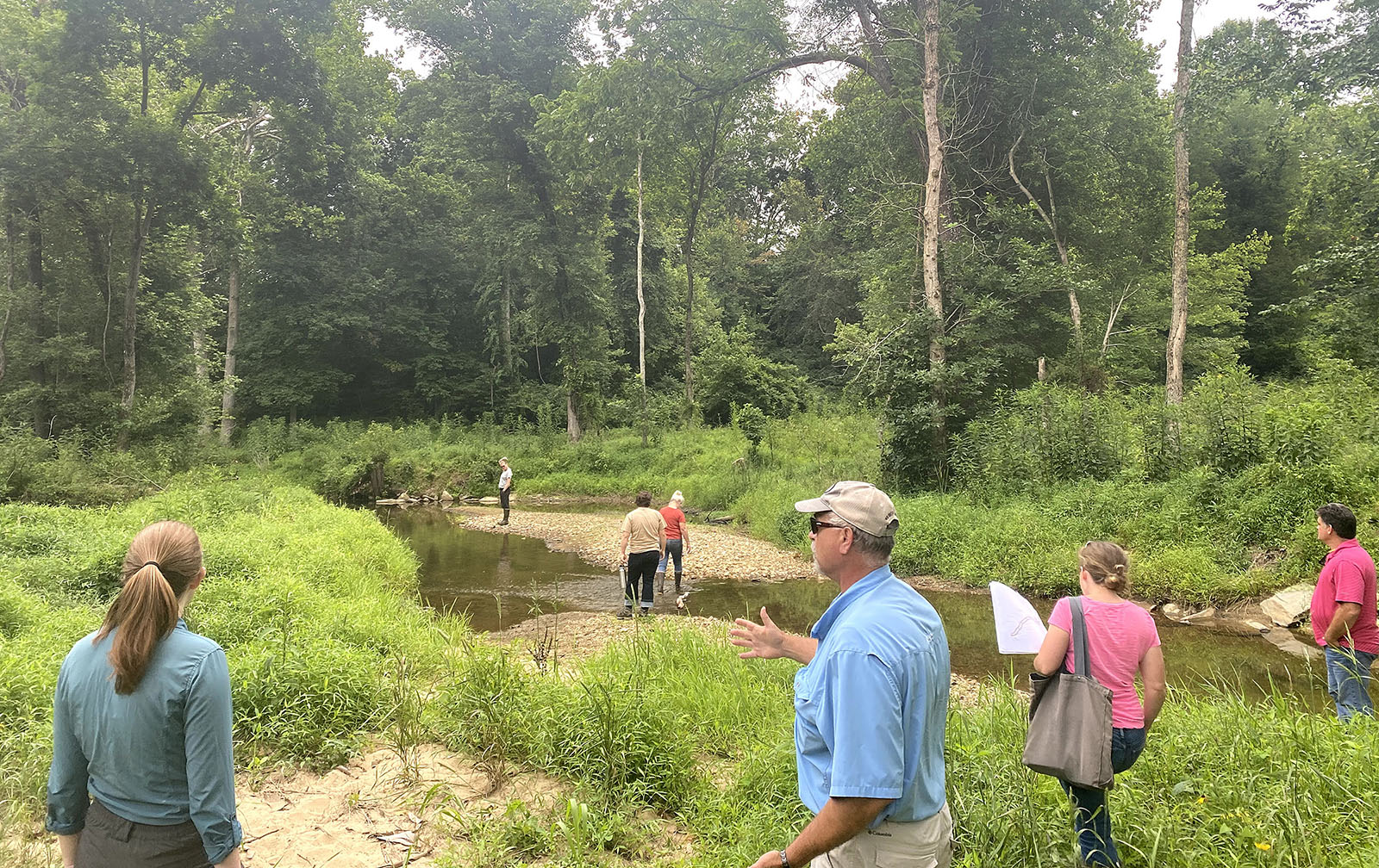 一群人聚集在溪边讨论着。