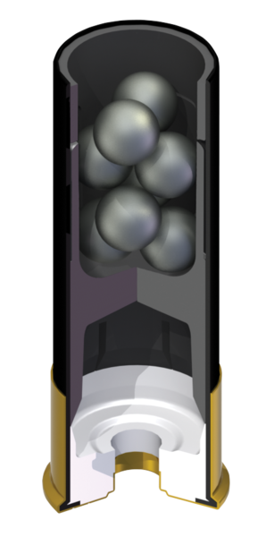 00 Buck 弹壳内部的艺术表现形式;值得注意的是,在这颗子弹中,弹丸被堆叠起来,以允许每枚弹壳容纳最大数量的弹丸