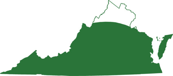 南部双线蝾螈分布图，除最北端外，弗吉尼亚州所有地区均有分布