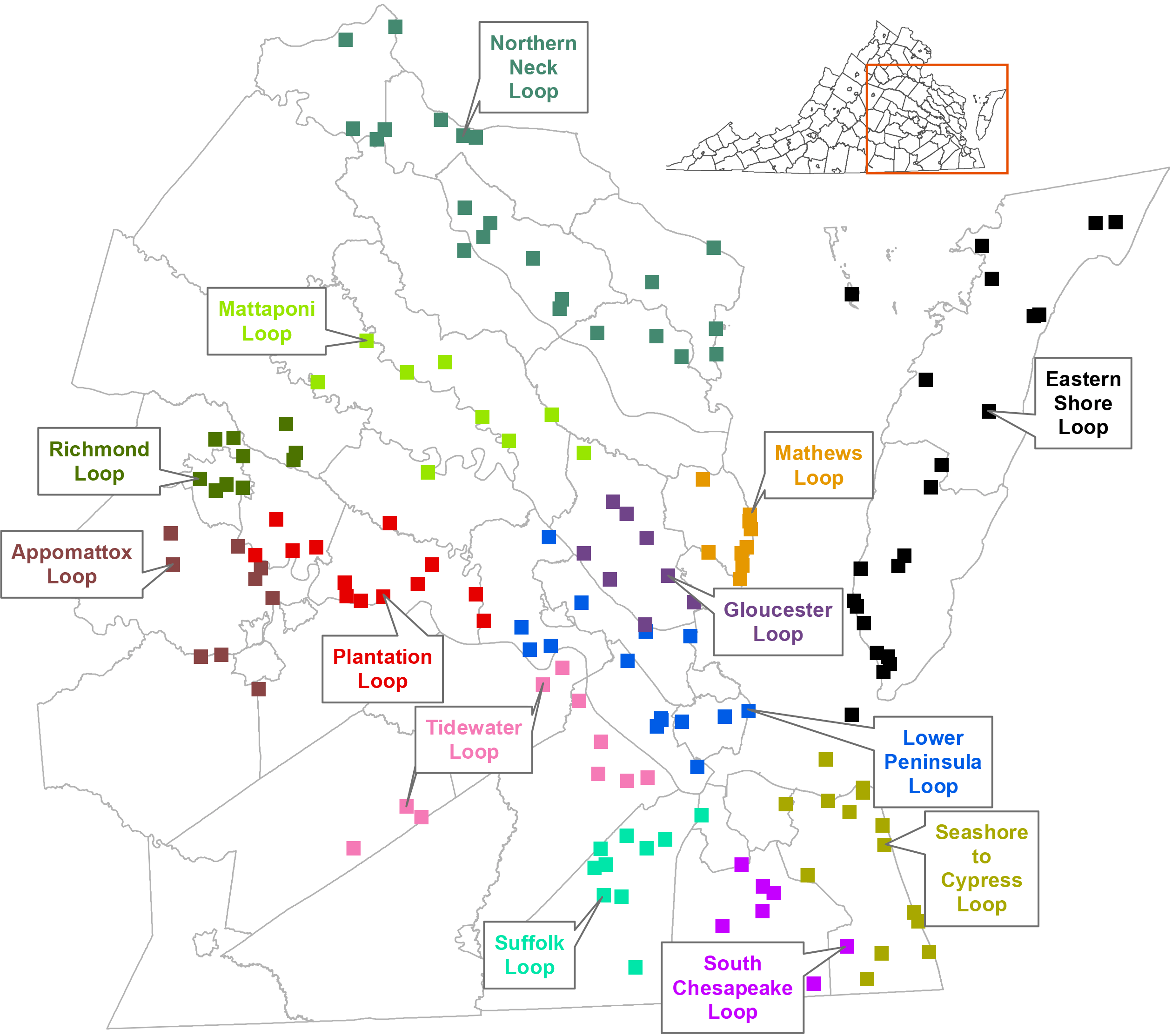 弗吉尼亚州地图，其中显示了弗吉尼亚州鸟类和野生动物步道环线