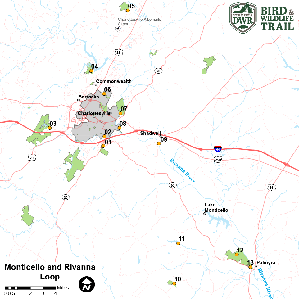单击打开 Monticello 和 Rivanna 环路的 PDF 地图