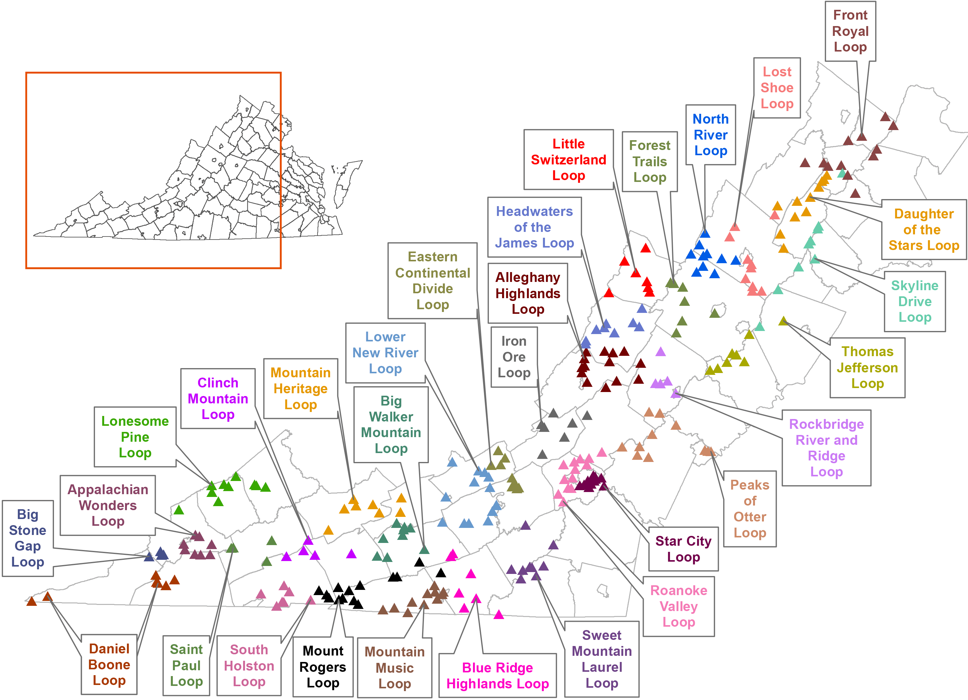 弗吉尼亚州地图，其中显示了弗吉尼亚州鸟类和野生动物步道环线