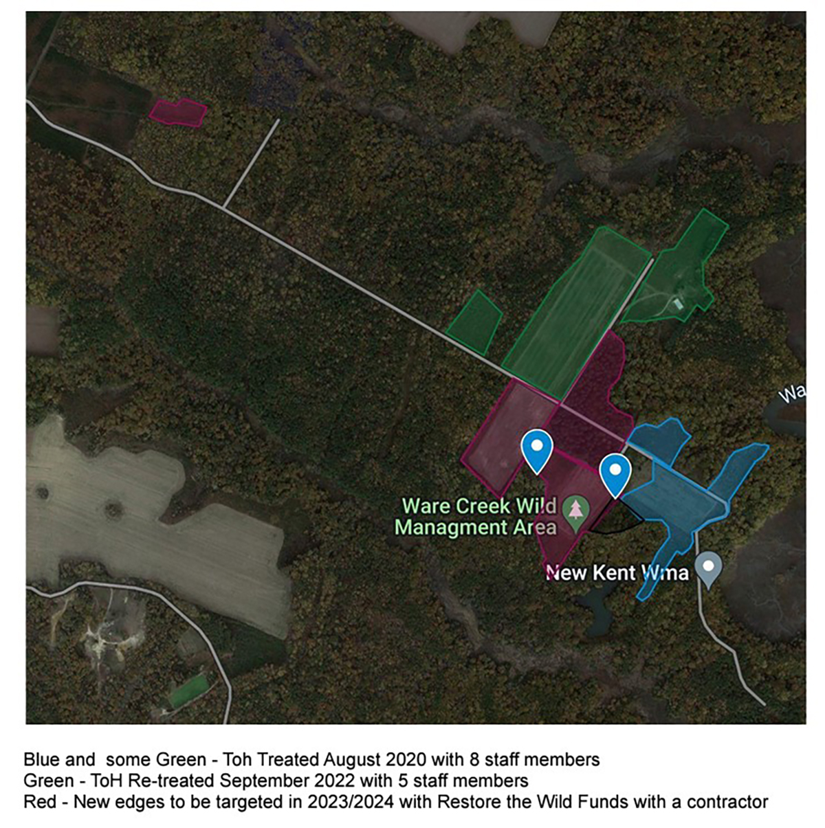 三种不同治疗方案的地图以及它们将在 Ware Creek WMA 中实施的位置