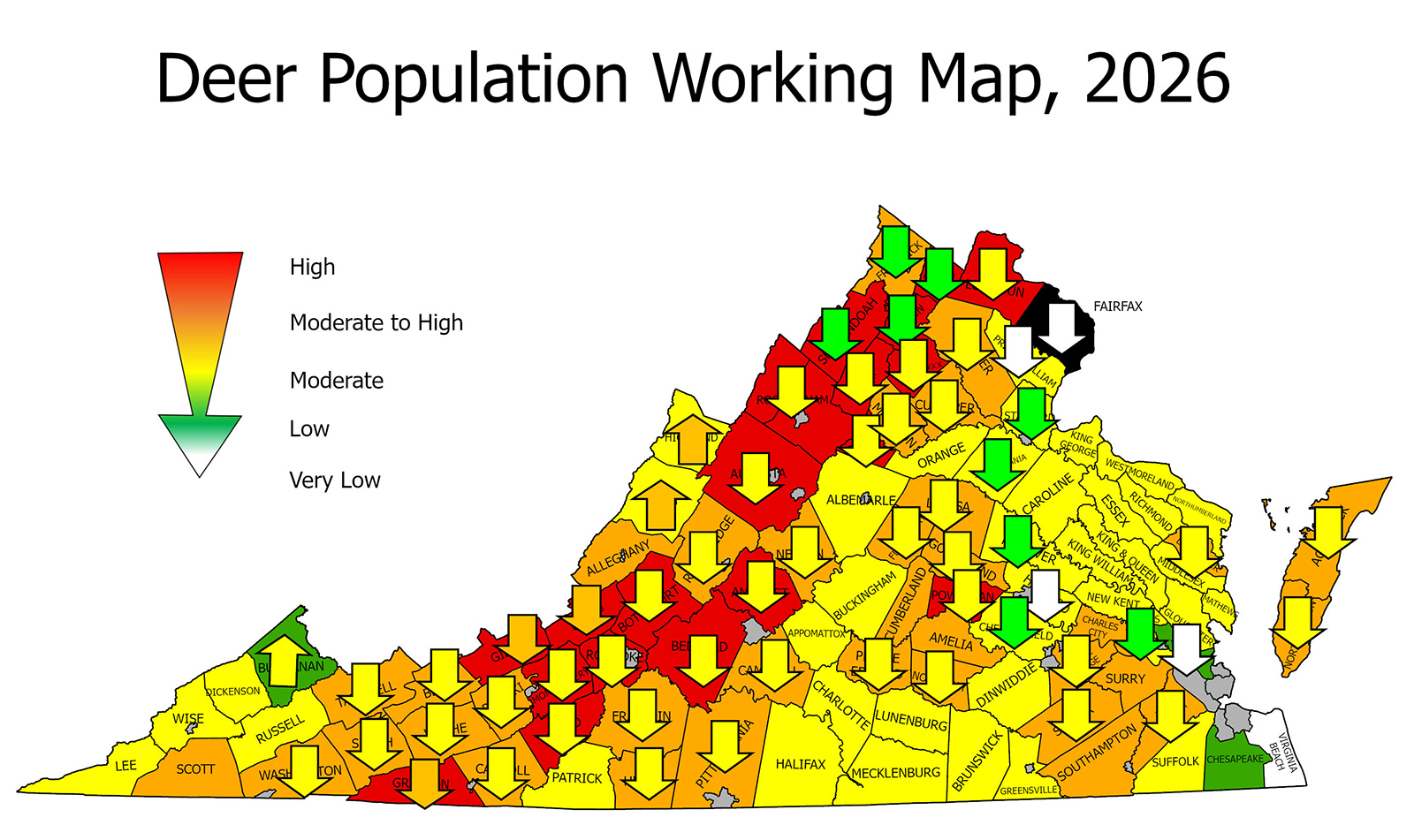 一张弗吉尼亚州（Virginia）地图，显示每个县为绿色、黄色、橙色或绿色，许多县上方有向下指的箭头。