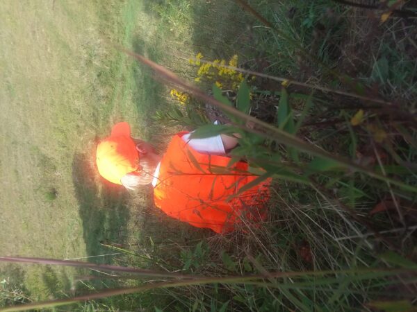 一名身穿橙色反光背心的男孩正在观察鹿的射击情况