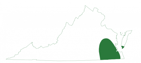 中大西洋沿岸豹蛙仅分布于弗吉尼亚州东部较低的洪泛区。